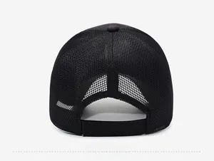 Detailed back view of a black mesh baseball cap showing breathable holes and adjustable strap