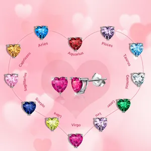 Heart Birthstone Stud Earrings With 925 Sterling Silver Earring Post Zodiac CZ Jewelry Gift For Women