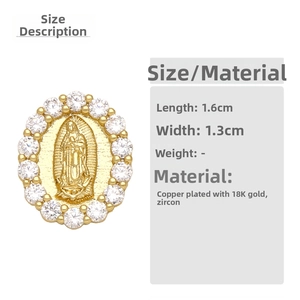 Macro detail of 18K gold plated Virgin Mary earring with zircon inlay and size dimensions