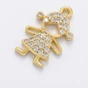 Detailed view of a gold-plated brass girl pendant with zircon micro-pave 9x14.5mm