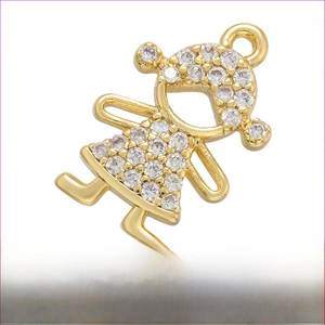 Detailed view of a gold-plated brass girl pendant with zircon micro-pave 9x14.5mm