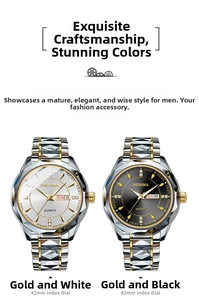 Detail of 42mm quartz watch face with calendar display and gold-tone steel strap