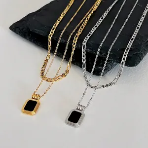 Vintage Double Layered Black Square Pendant Necklace For Women Stainless Steel 18K Gold Silver Plated Figaro Chain Detachable Trendy Jewelry