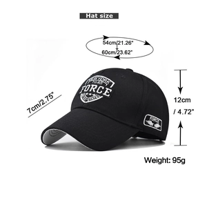 Detail view of cotton baseball cap with FORCE embroidery and dimension measurements