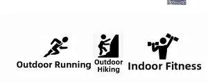 Pictogrammen die scenario's tonen voor hardlopen, klimmen en binnen fitnessen.