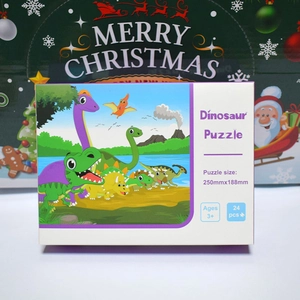 Detail of 24pcs cartoon dinosaur puzzle showing 250x188mm size and age 3+ label