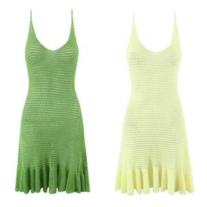 Vestito Mini In Maglia Crochet Da Donna Traforato Senza Maniche Scollo A V Orlo Con Volant Spalline Estate Vacanza Sexy