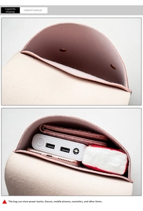 Internal capacity view of pink leather bag holding a phone, power bank, and wallet