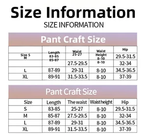 Tableau des tailles détaillé pour pantalons de yoga incluant longueur, taille et hanches