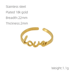 Detail view of 18K gold plated stainless steel Love letter ring with specific measurements