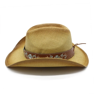 Chapeau de cowboy en paille avec bande brodée fleurie marron et bord relevé