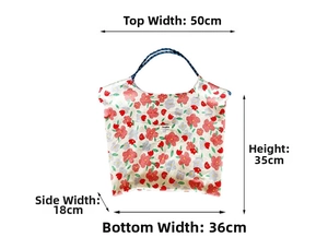 Detailed dimension guide for large floral canvas tote bag showing width and height specs