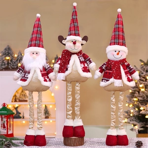 Detailed view of telescopic Christmas dolls featuring Santa, reindeer and snowman plush figures