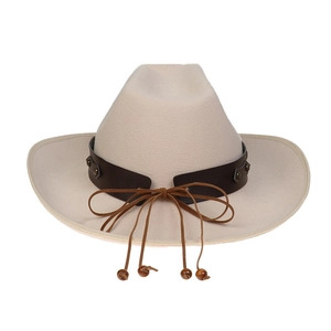 Detail of wool felt cowboy hat with leather band, metal rivets and wooden beads