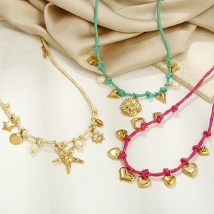 Colorful woven necklaces with gold starfish, shell and pearl pendants for women