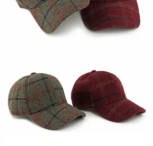 Detail view of vintage wool plaid baseball cap showing texture and retro checkered pattern