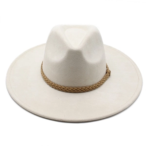 Elegant cream wide brim fedora hat with brown braided leather band for men and women