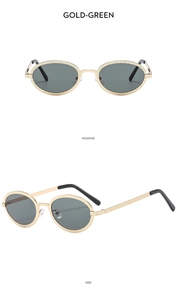 Front and side views of vintage oval sunglasses with gold textured metal frames and green lenses