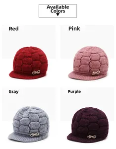 Detailed grid of thick knit winter hats for women in red, pink, gray, and purple shades