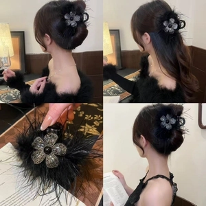 Elegant Black Feather Hair Claw Clip With Rhinestone Flower Shark Clip Acrylic Retro Styling For Women