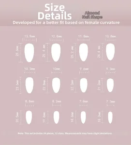 Tableau des tailles pour faux ongles amande avec 12 dimensions et mesures détaillées