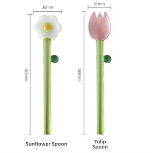 Detail view of colorful glass flower spoons with green leaf handles and size dimensions