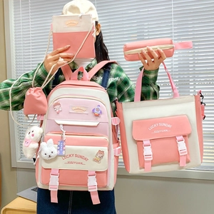Cute pink 5-piece student backpack set including shoulder bag and pouches for school
