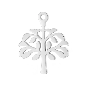 Close-up of silver hollow tree of life pendant in polished stainless steel finish