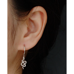 Macro shot of silver irregular snake-shaped hoop earring worn on a model ear