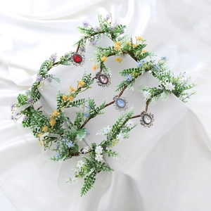 Flower Crown Headband Artificial Floral Greenery With Rhinestone Pendant Retro Fairy Wedding Photography Hair Accessories