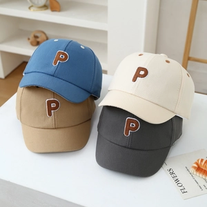 Kids baseball cap with P embroidery in blue brown beige and grey cotton fabric