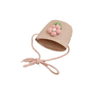 Pink straw woven crossbody bag for girls with decorative floral accent and zipper