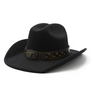 Western Cowboy Hat Vintage Felt Wide Brim With Bull Head Metal Buckle Leather Belt For Men Women