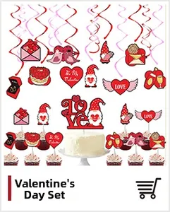 Valentine's Day decoration set with spiral hanging swirls and gnome cake toppers