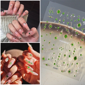 5D Embossed Nail Art Stickers Emerald Green Gemstone Gold Line Adhesive Luxury Retro DIY Manicure Decals