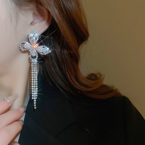 Detail of silver butterfly tassel earrings with sparkling rhinestones worn by a model