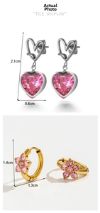 Detailed dimensions of pink heart crystal drops and floral cubic zirconia hoop earrings