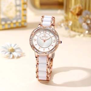 Elegant SENO women's quartz watch with white ceramic strap and rose gold diamond bezel