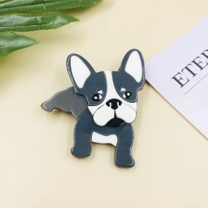 Cute acrylic French Bulldog brooch with black and white cartoon dog design for jackets
