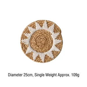 Round bohemian woven wall decor with white sunflower embroidery pattern, 25cm diameter