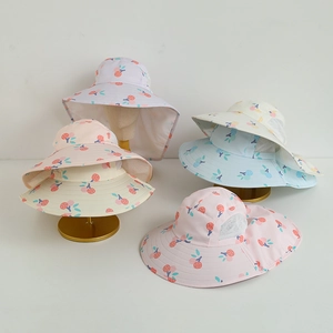 Kinder Sonnenhut Breite Krempe Baumwollmischung Nackenschutz Atmungsaktives Mesh Outdoor Kirschdruck Mädchen UV Schutz