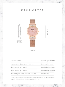 Detailed specs of rose gold quartz watch with Milanese magnetic mesh band and 33.5mm dial