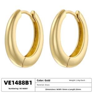 Detailed view of glossy gold-plated brass hoop earrings with 18mm by 20mm dimensions