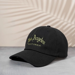 Black cotton baseball cap with Los Angeles embroidery on a summer aesthetic background