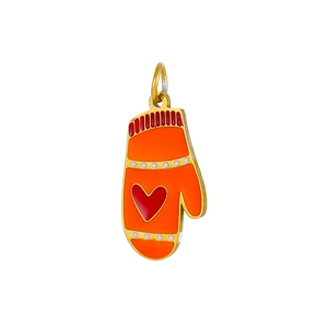 Detailed view of a gold-plated glove pendant with vibrant orange and red enamel heart