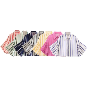Camicia A Righe Da Donna Poliestere Maniche A Buffo Bottoni Corta Moda Casual Vintage Camicetta Top
