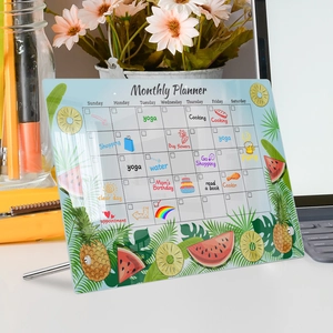 Acrylic monthly planner board with fruit patterns and metal stand for desk organization