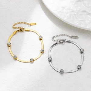 Minimalist stainless steel snake chain bracelets with sparkling zircon stones in gold and silver