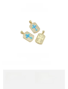 Detailed specs of 18K gold plated copper cross pendant with blue opal and CZ inlay
