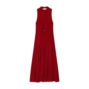 Robe midi élégante en velours bordeaux, vue de dos avec design dos nu sophistiqué